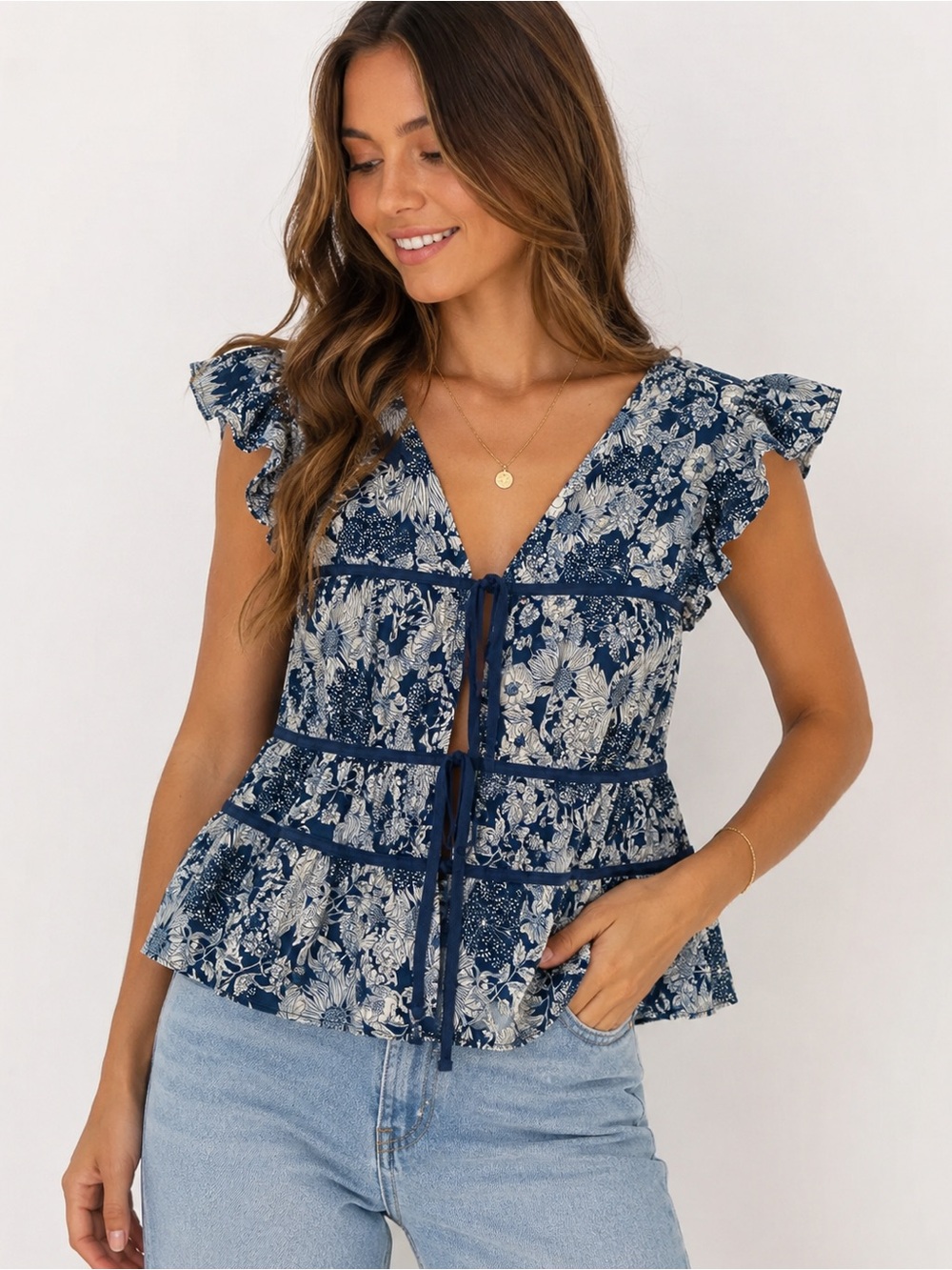 Aureum Floral Tie Front Ruffle Peplum Top Navy White Size L